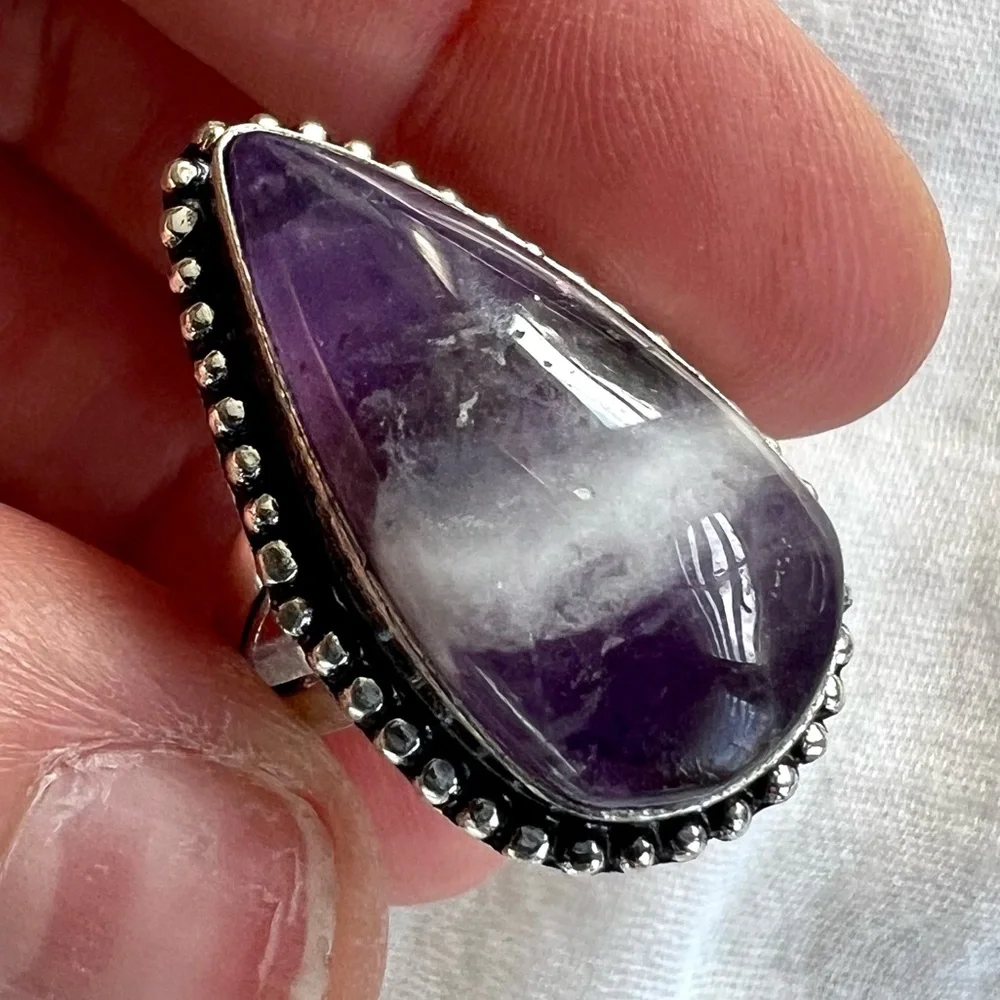 925 Crown Chakra Amethyst Teardrop Ring 8 - Picture 7 of 9